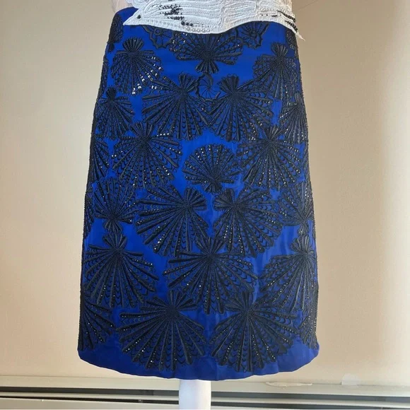 Emilio Pucci Blush Lace Beaded Bird Sleeveless Blue Scallop Shell Dress size 14 - Picture 4 of 15